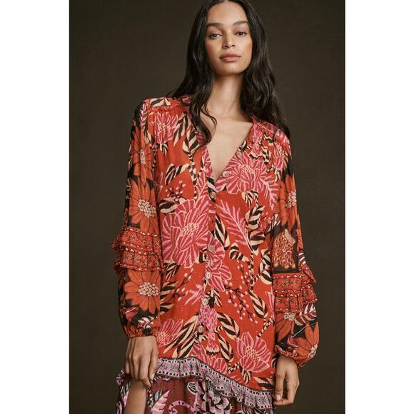 Anthropologie X Farm Rio Mixed Floral Long-Sleeve Dress Multicolor Size XS - Picture 2 of 10